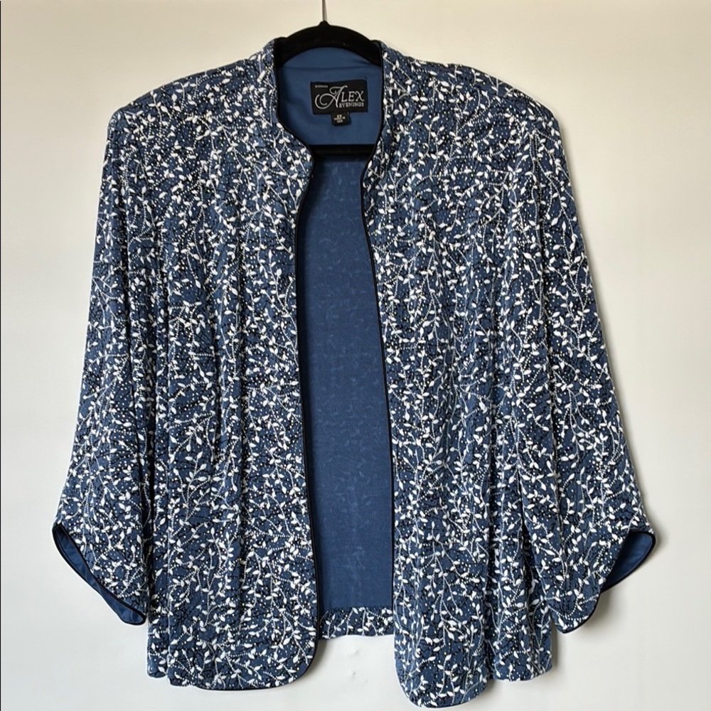 Alex Evenings Blue and White Pattern Glitter Festive Open Jacket